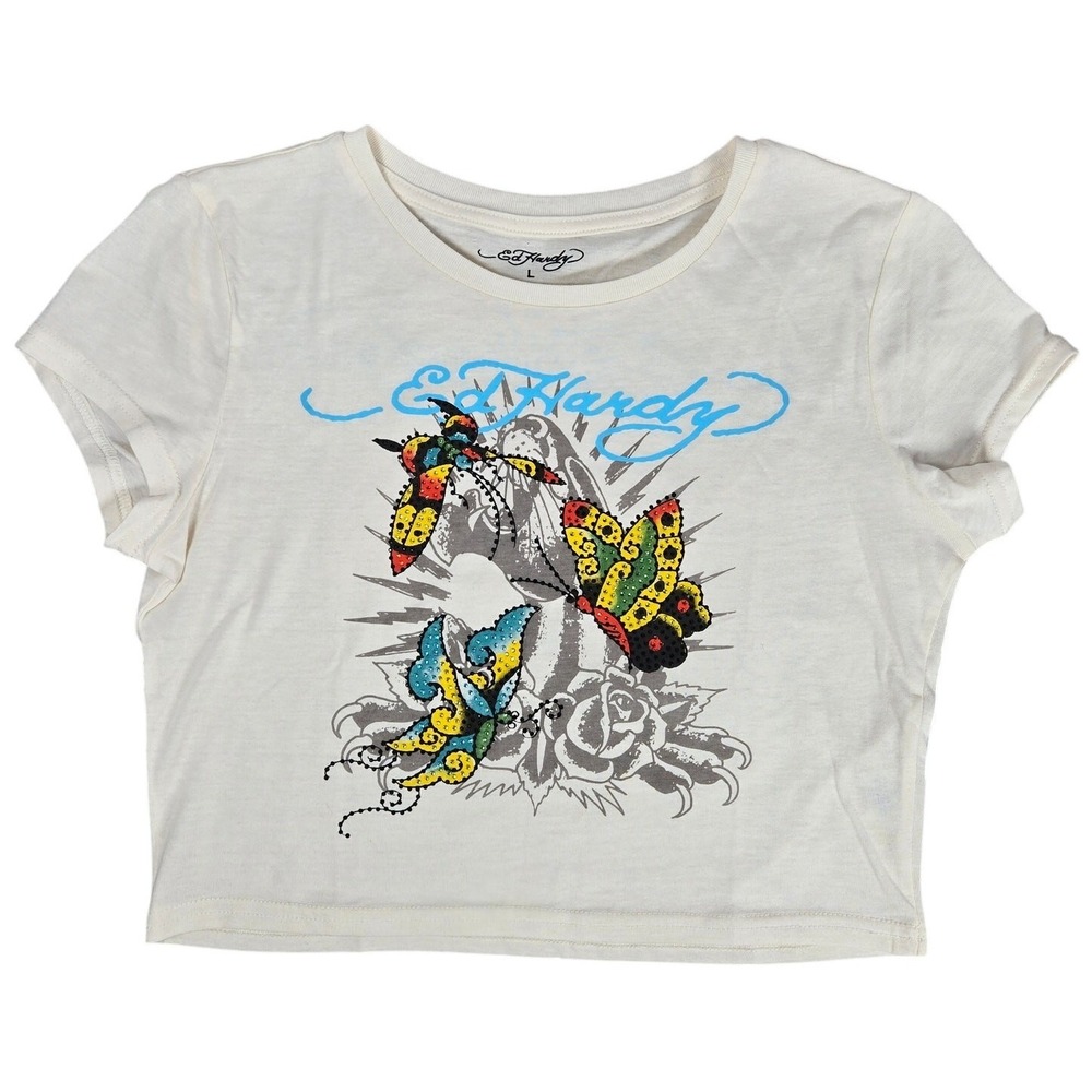 Ed Hardy Butterfly Rose Graphic Crop Top‎ Ivory Size L